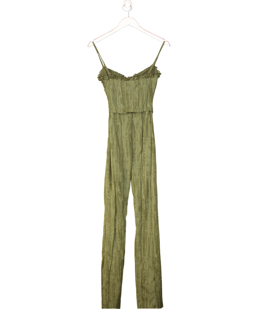 Oh Polly Carmen Lace-up Ruffled Flared Jumpsuit In Green Print UK S