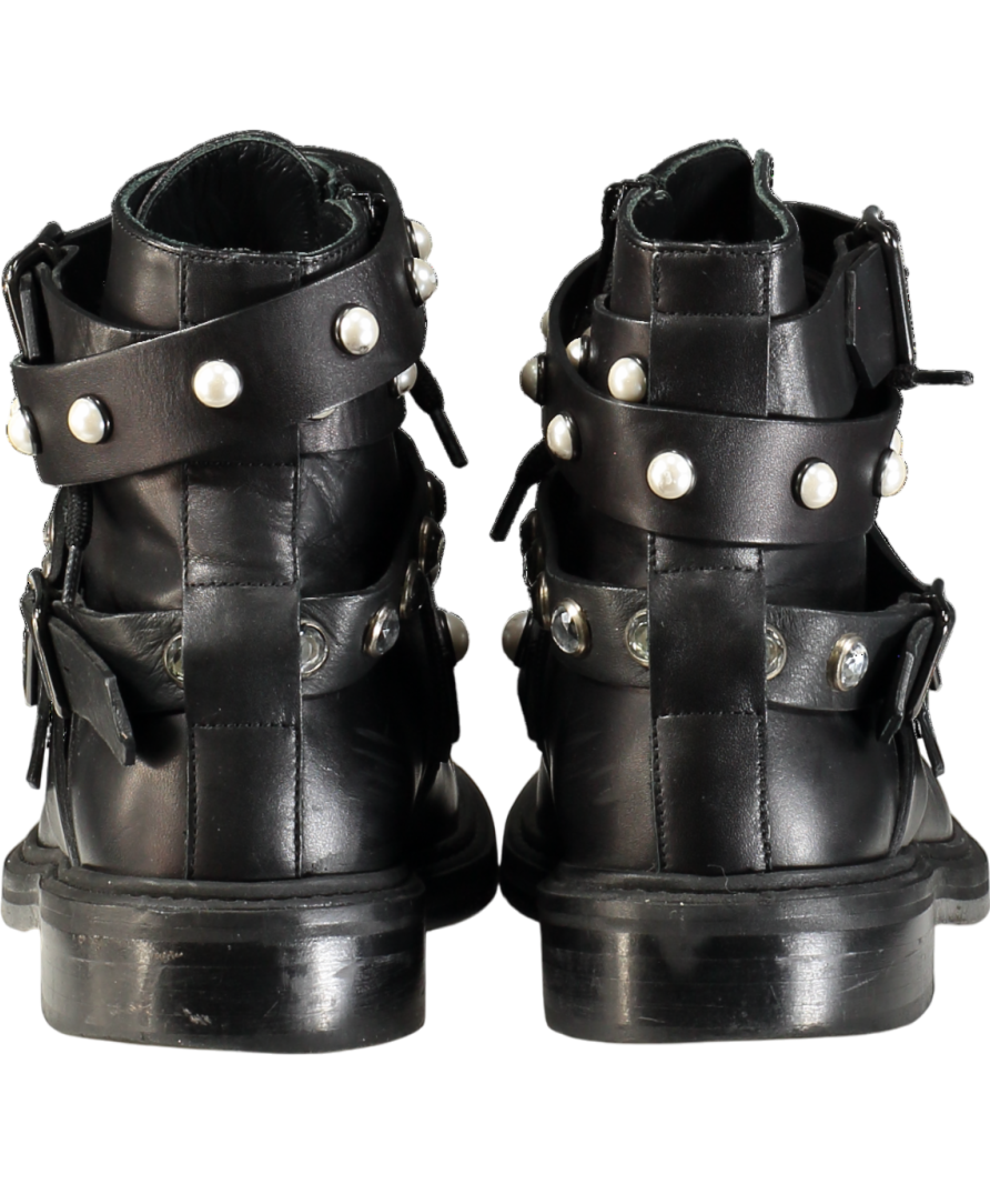 Pinko Black Leather Pearl & Crystal Trimmed Biker Boots UK 5 EU 38 👠
