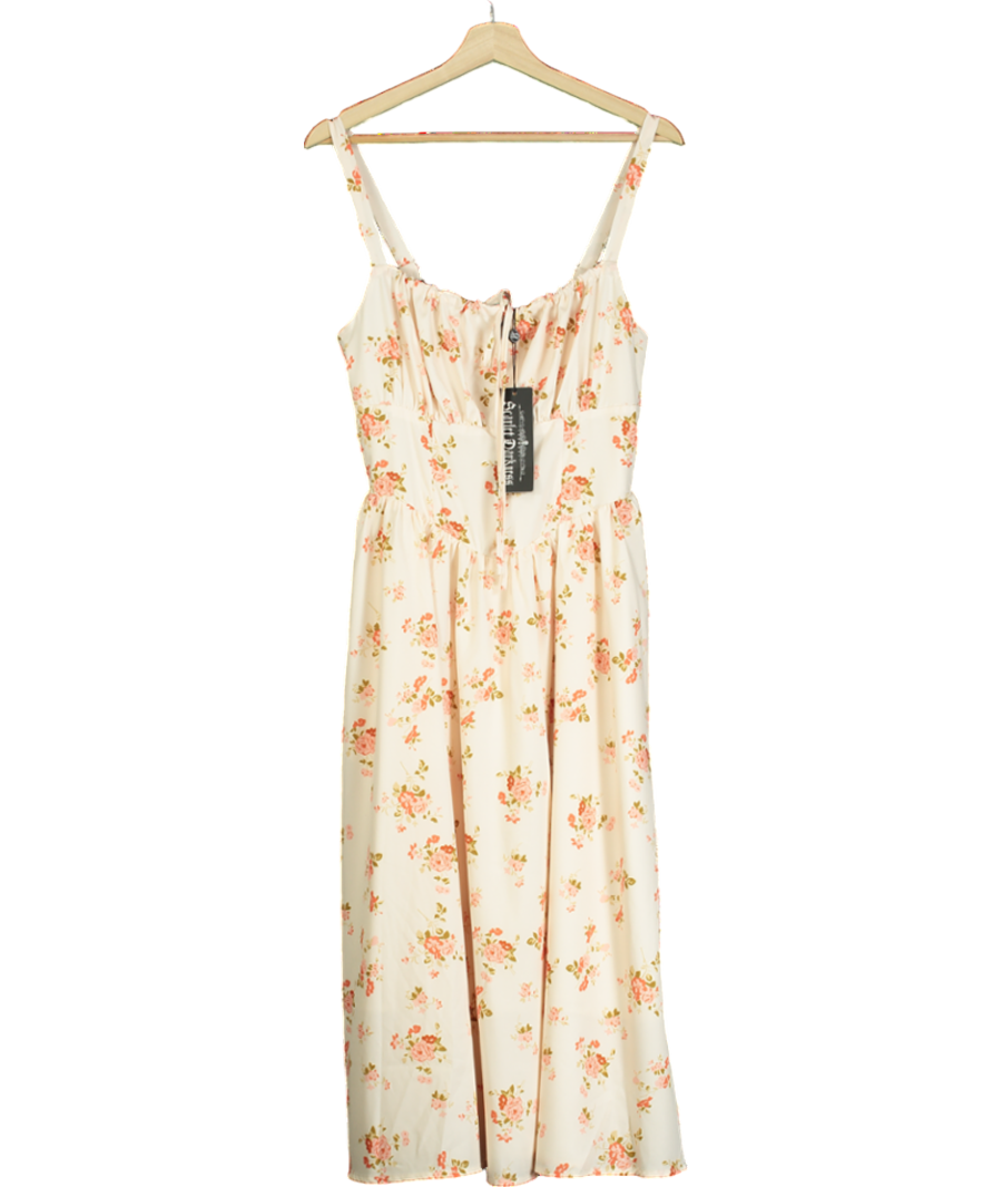 Scarlet Darkness Nude Smocked Bodice Floral Dress With Pockets UK M