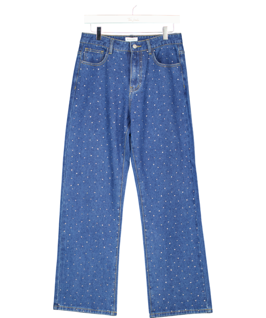 Warehouse Blue Denim Diamante Embellished Straight Leg Jeans UK 10