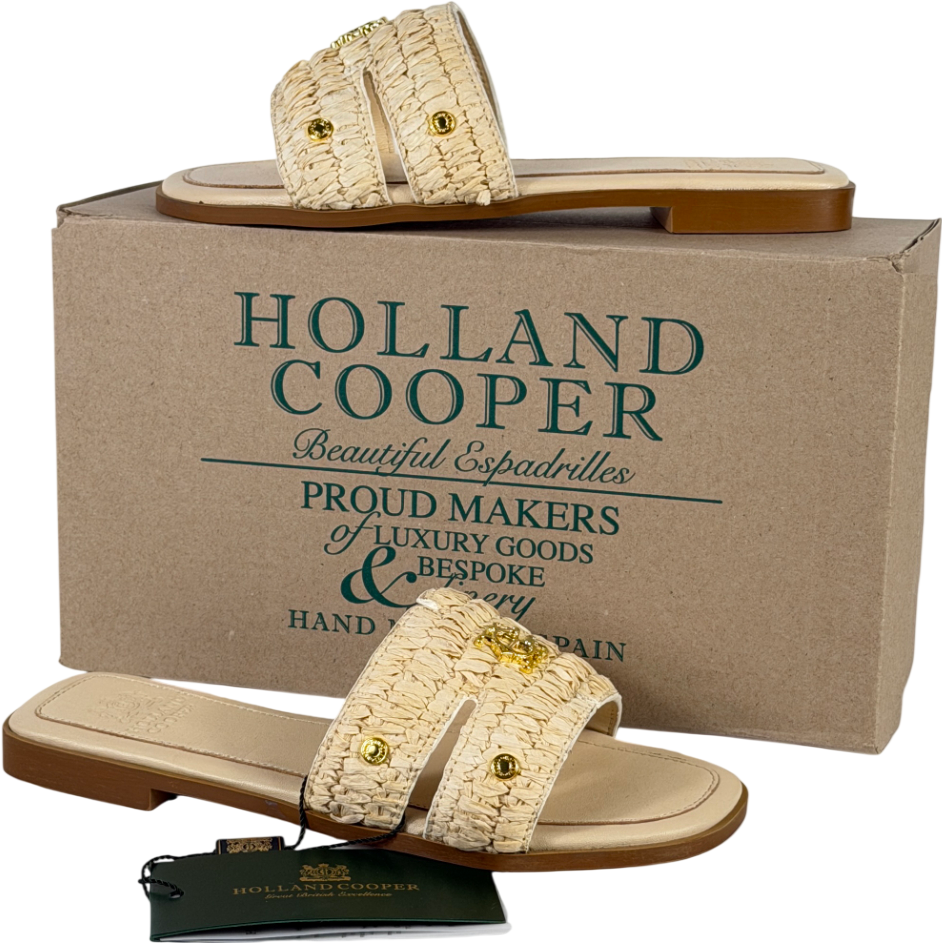 HOLLAND COOPER Beige Heraldic Monogram Logo Straw Slides UK 4 EU 37