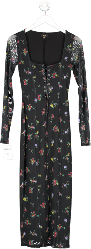AFRM Black Floral Lace Front Long Sleeve Midi Dress UK XS