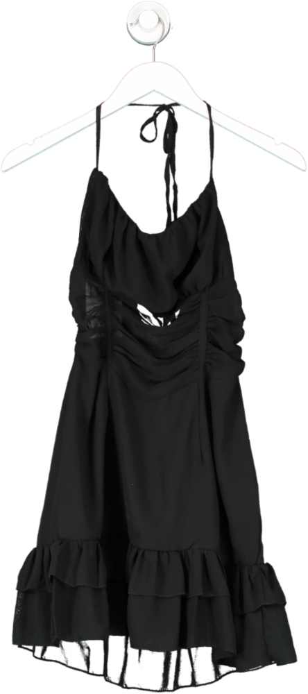 PrettyLittleThing Black Halter Neck Ruched Sheer Mini Dress UK 8