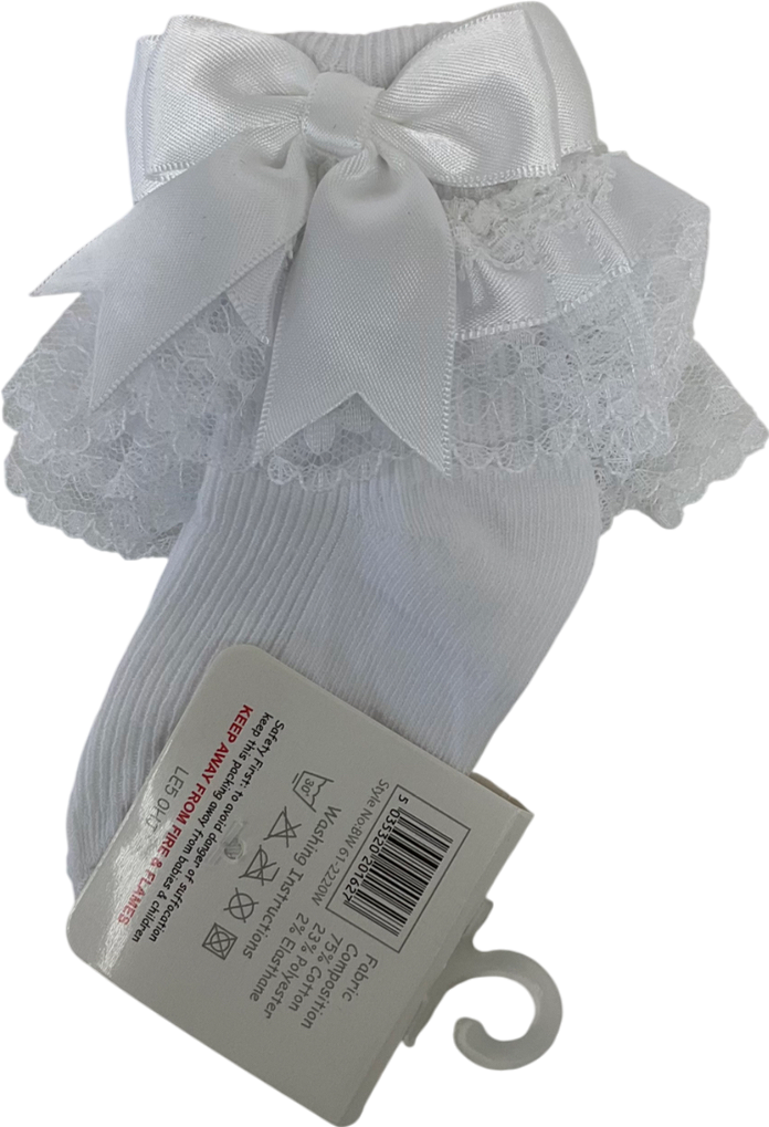 Nursery Time White Satin Bow Detail Frilly Socks 3-6 Months