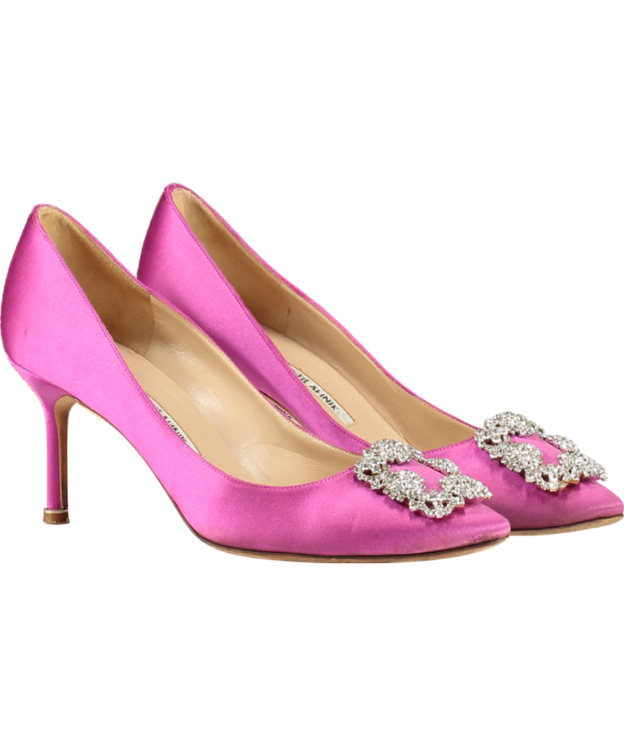 Manolo Blahnik Fuchsia Pink Satin Hangisi Jewel Buckle Pumps 90mm UK 6.5 EU 39.5 👠