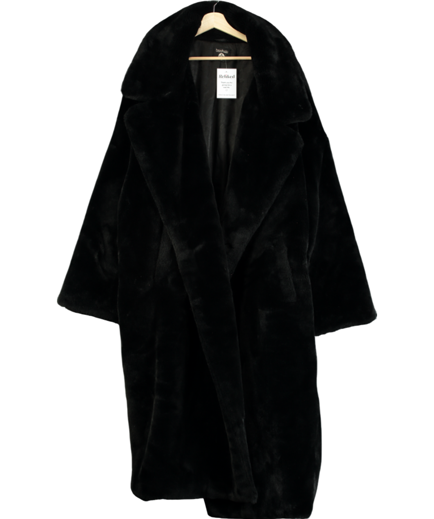 boohoo Black Luxe Faux Fur Oversized Coat UK 26