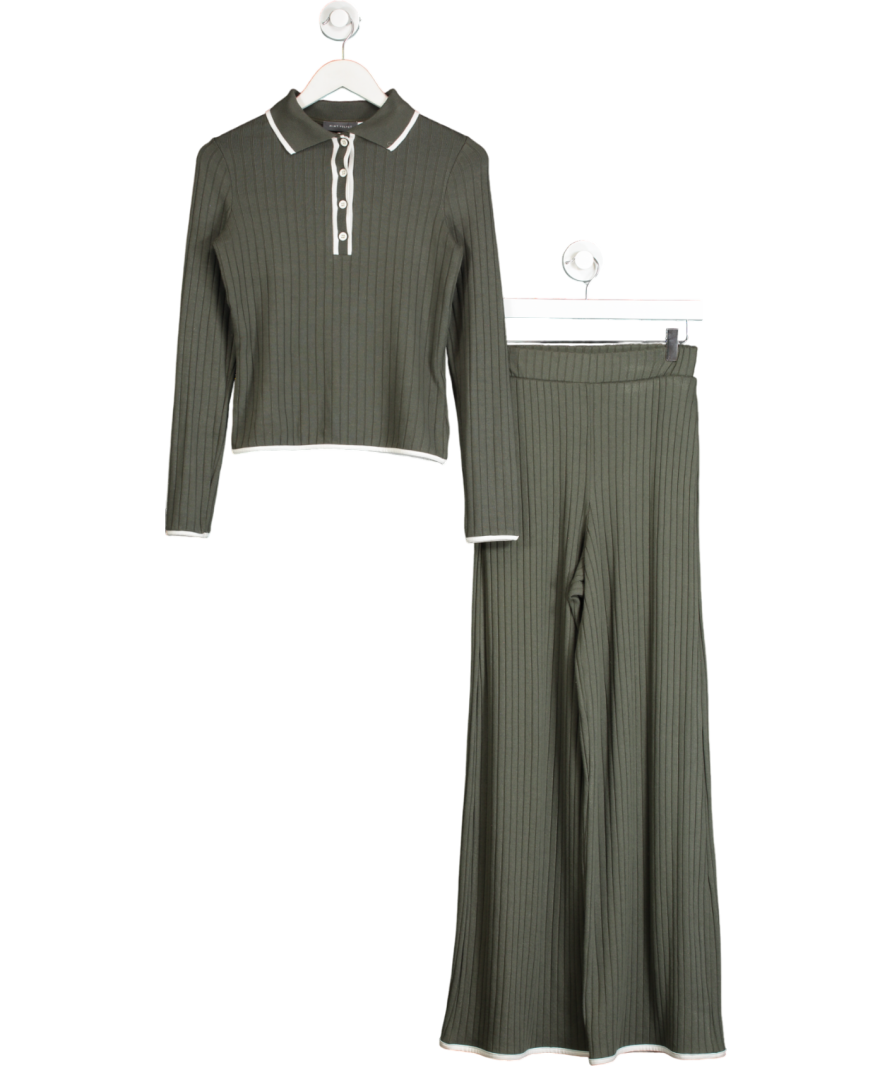 Mint Velvet Green Khaki Ribbed Contrast Trousers And Polo Set UK XS