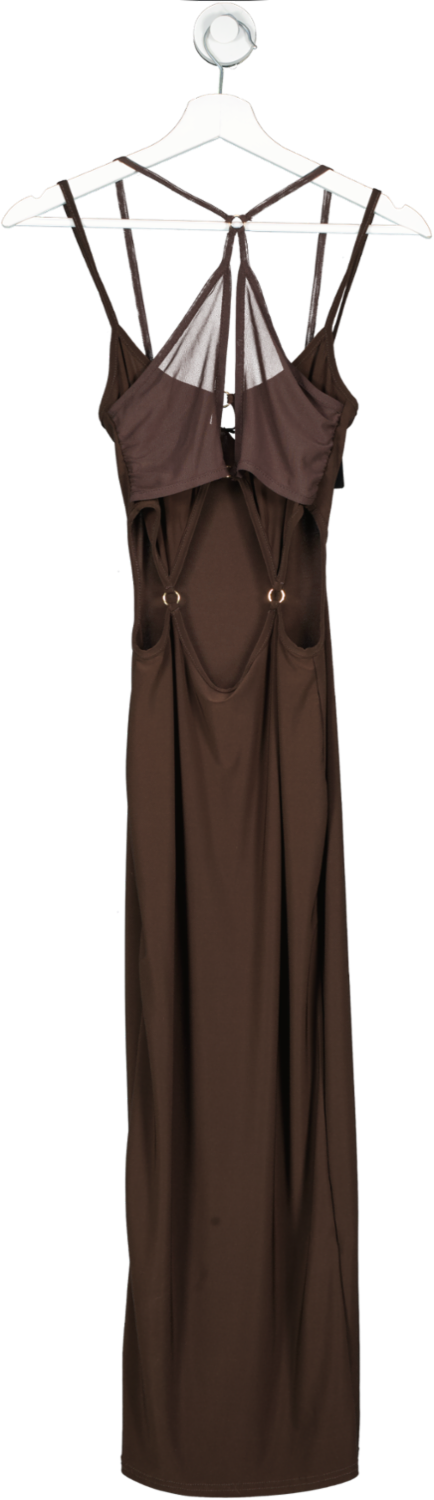 PrettyLittleThing Brown Shape Slinky Ring Detail Overlay Midaxi Dress UK 8