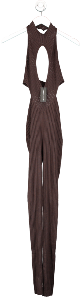PrettyLittleThing Brown Chocolate Knitted Cut Out Jumpsuit UK S