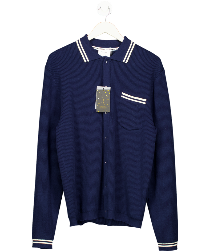 Percival Navy Blue Pablo Ribbed Cotton Knitted Shirt UK M