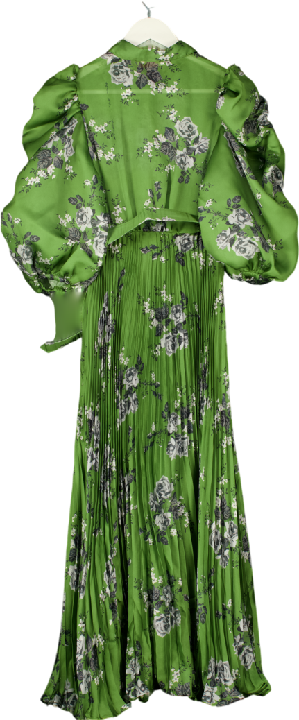 ByTIMO Green Puff Sleeve Plissé Maxi Dress In "Green Roses" UK XS