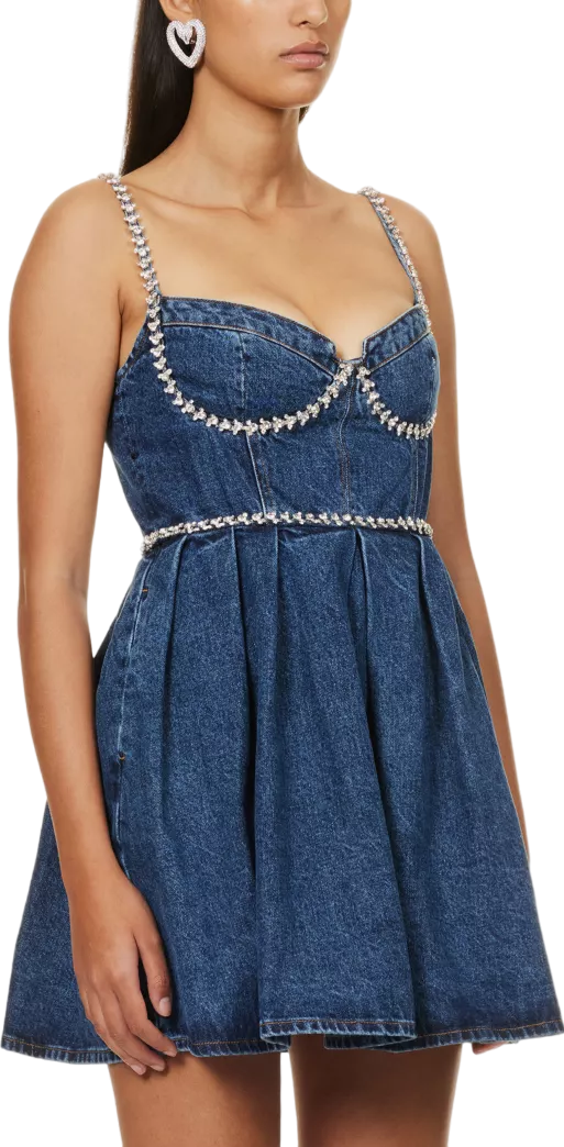 SELF PORTRAIT Blue Crystal-embellished Sweetheart Denim Mini Dress UK 4