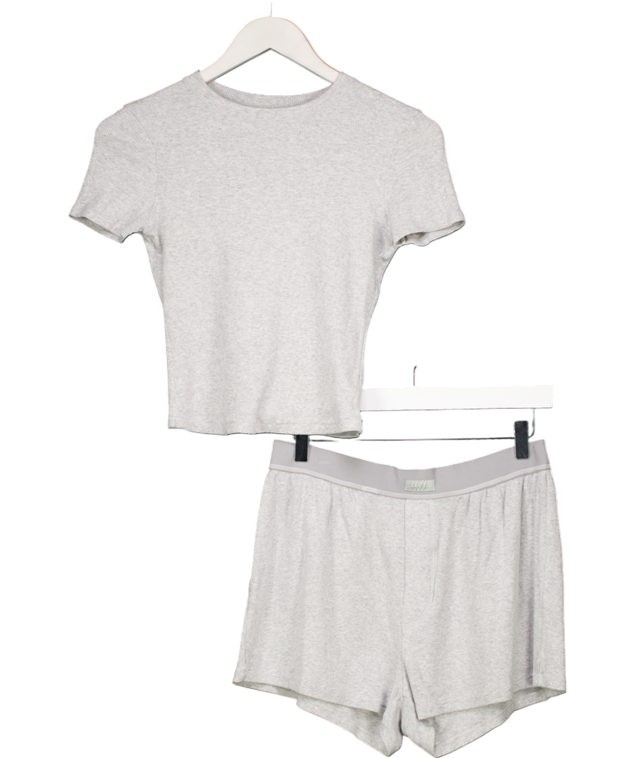 SKIMS 2-piece Grey Rib Cotton T-shirt (uks) And Boxer Shorts Set UK S/M