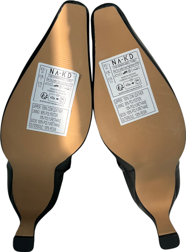 NA-KD Black Slim Toe Leather Knee High Boots UK 7 EU 40 👠