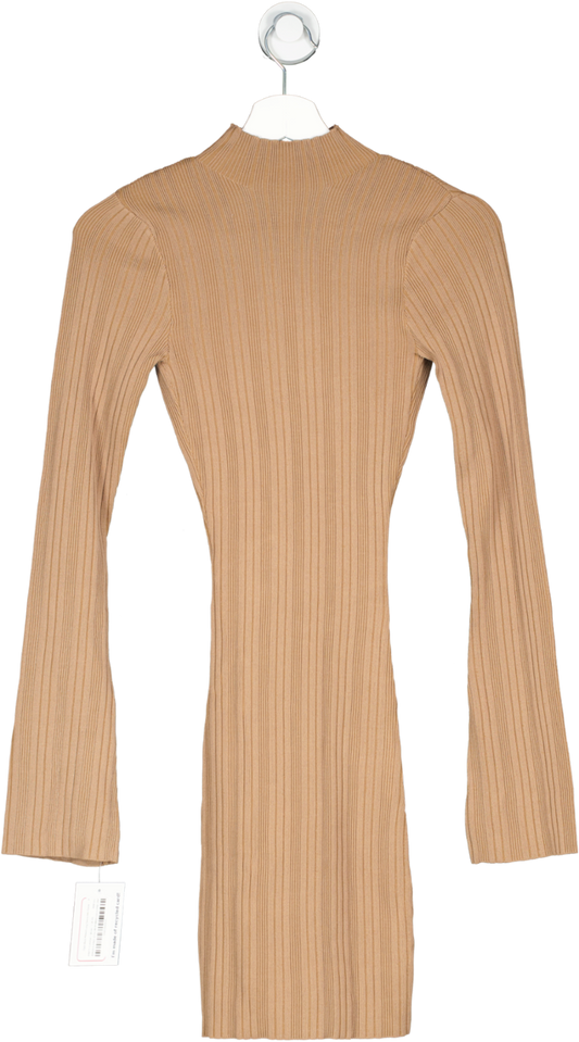 PRETTY LAVISH Brown Open Back Ribbed Long Sleeve Mini Dress UK XS