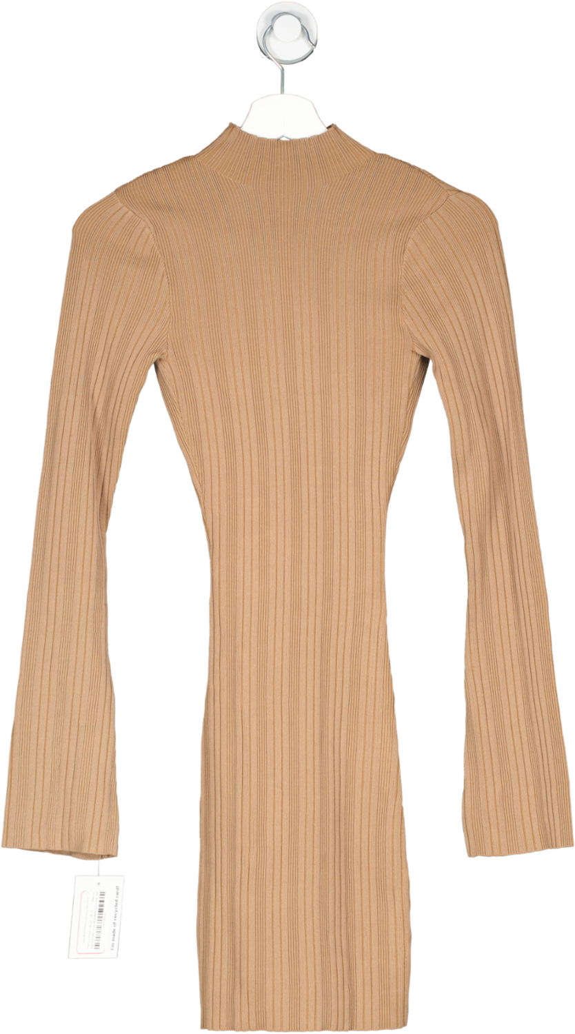 PRETTY LAVISH Brown Open Back Ribbed Long Sleeve Mini Dress UK XS