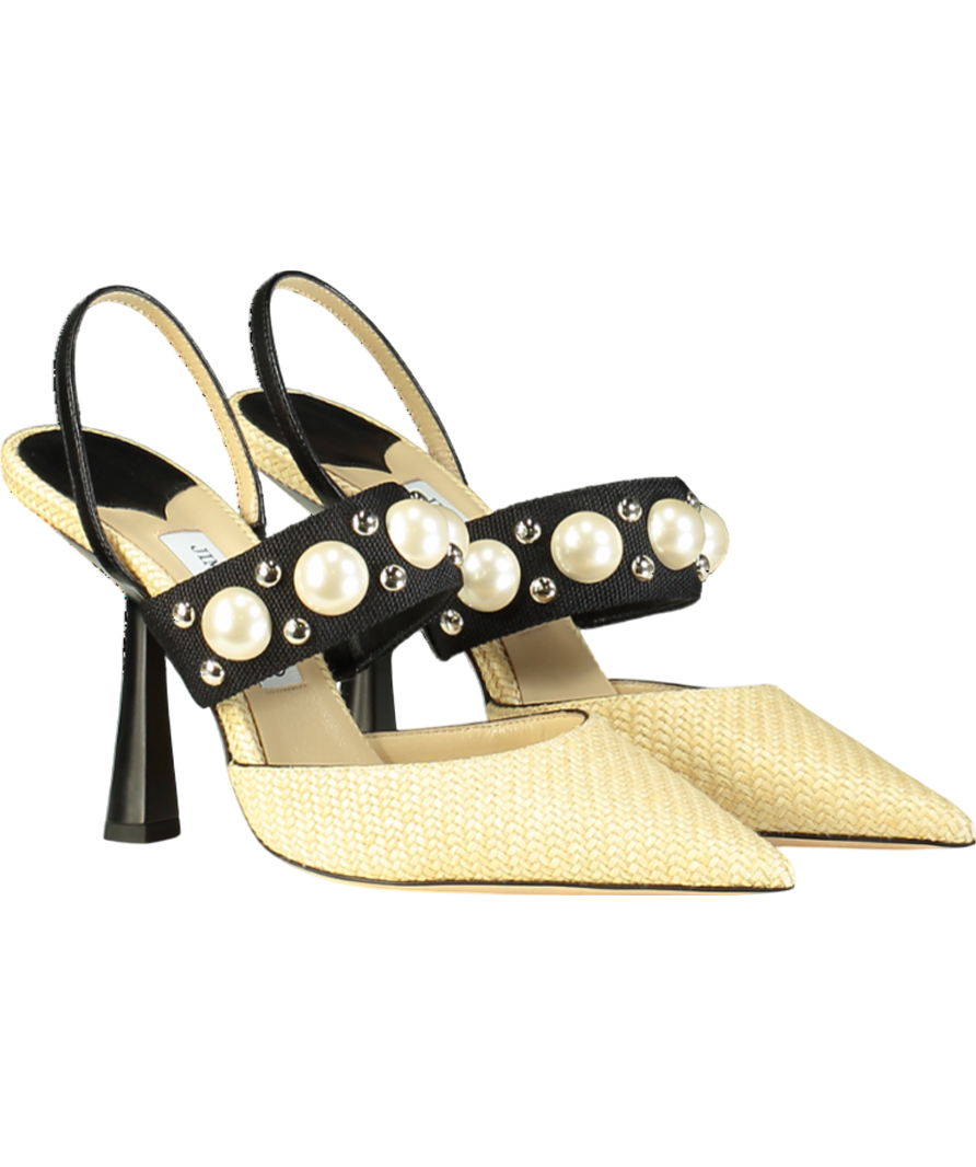 Jimmy Choo Natural raffia Breslin 100mm Pearl detail Singback Pumps UK 6.5 EU 39.5 👠
