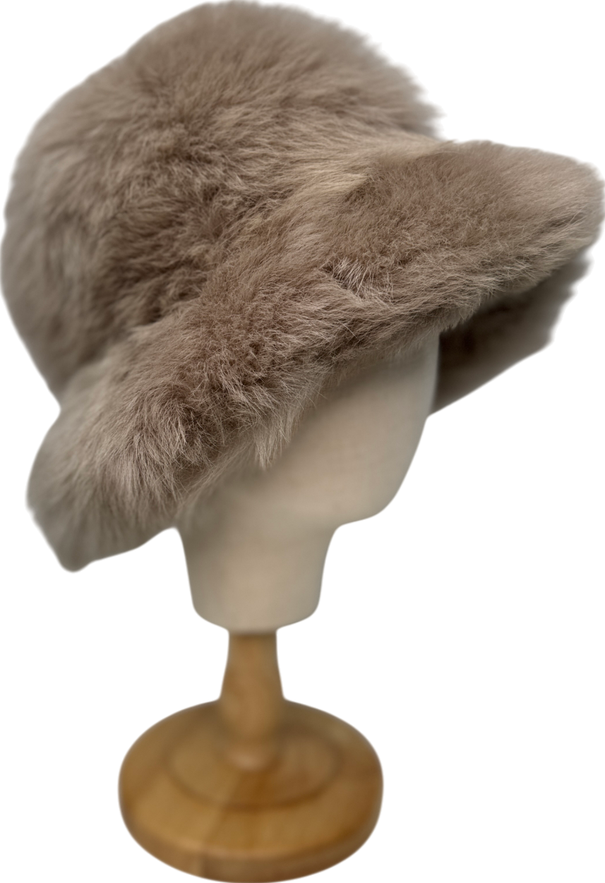 Beige Faux Fur Bucket Hat UK S