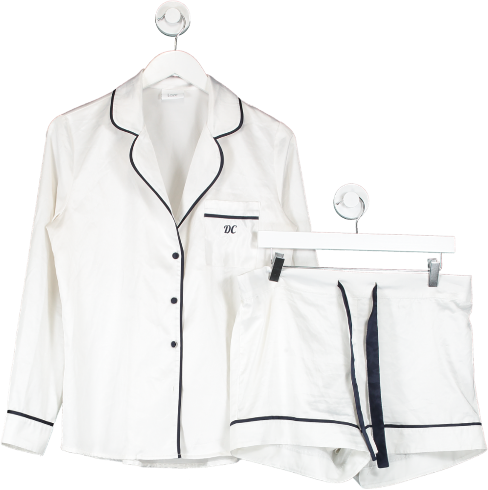 Laze White Satin Pyjamas With Navy Piping And Personalisation UK M