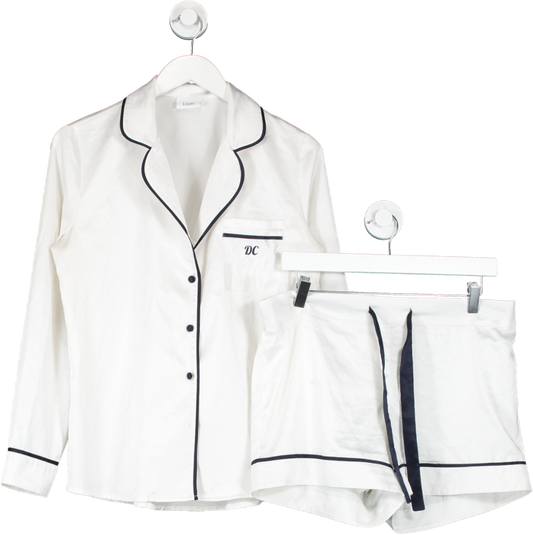 Laze White Satin Pyjamas With Navy Piping And Personalisation UK M