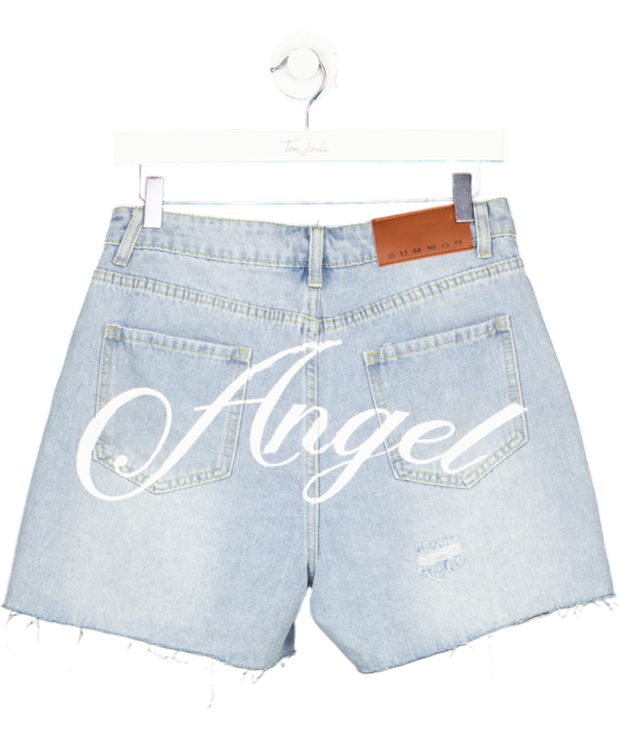 Sumwon Blue Denim Bermuda Shorts With Angel Print Raw Hem W29