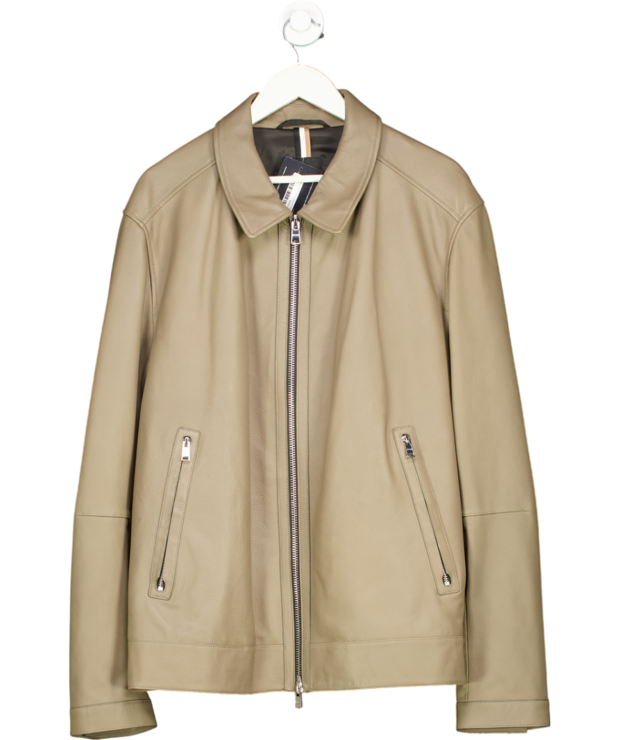 BOSS Green Olive Grey/green Nappa Leather Zip Jacket 48R UK XXXL