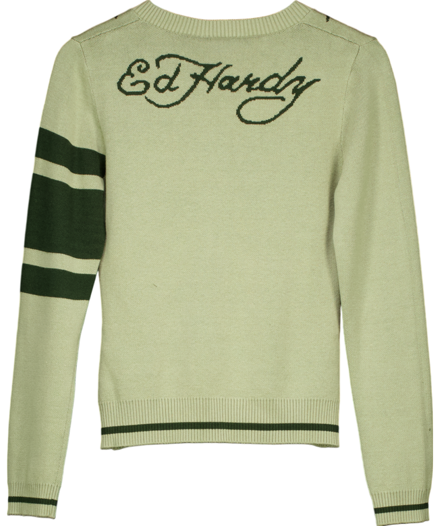 ed hardy Green Dancing Dragon V-neck Knitted Jumper UK M