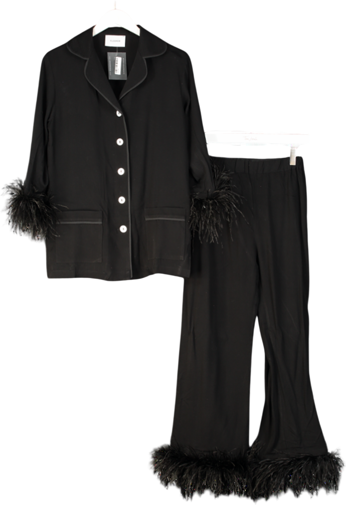 SLEEPER Black Party Feather-trimmed Crepe De Chine Pyjama Set UK XS