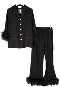 SLEEPER Black Party Feather-trimmed Crepe De Chine Pyjama Set UK XS