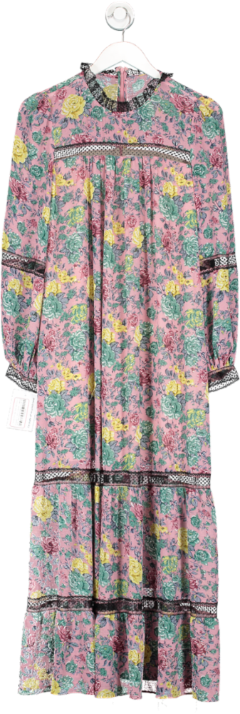 Pink Floral Print Lace Insert Maxi Dress UK S/M