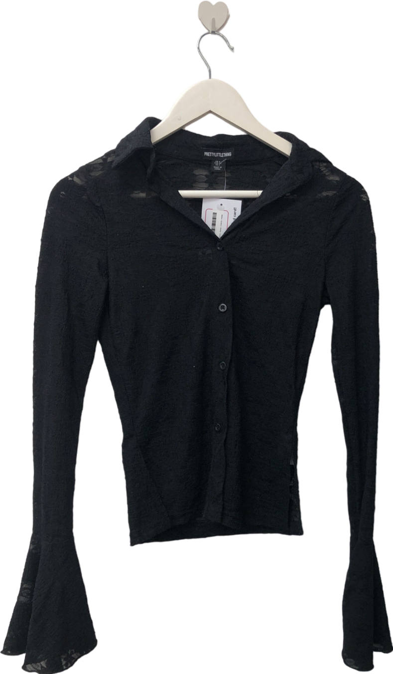 PrettyLittleThing Black Lace Button Up Long Sleeved T-shirt UK 6