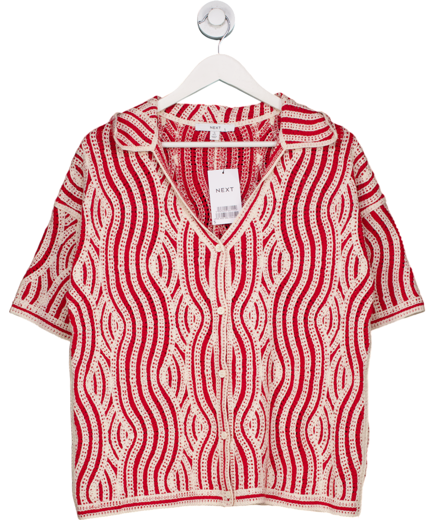 Next Red Ecru Wave Crochet Collared Short Sleeve Shirt UK S