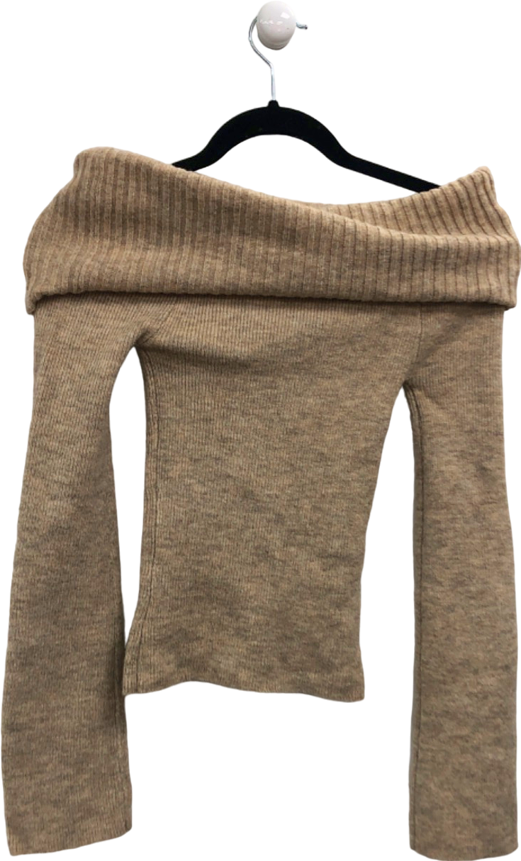 Pretty Lavish Beige Off-shoulder Ribbed Knit Sweater XS