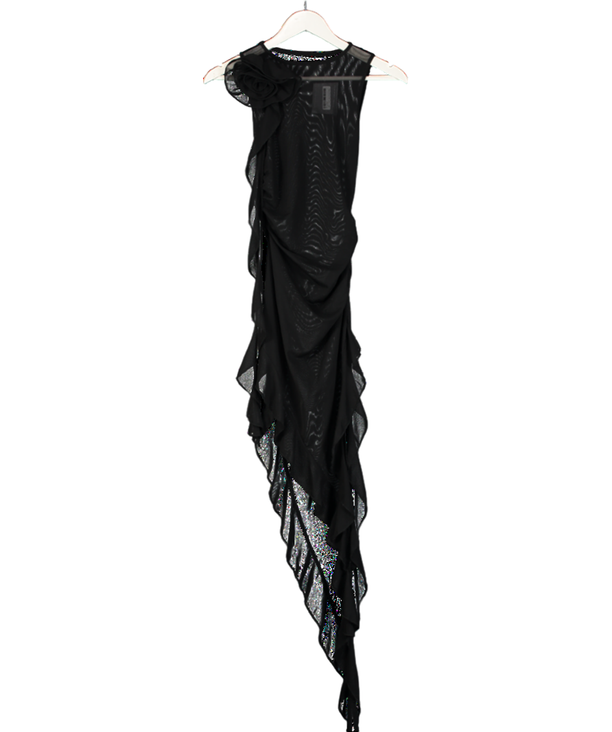 Black Mesh Ruched Dress With Corsage UK S