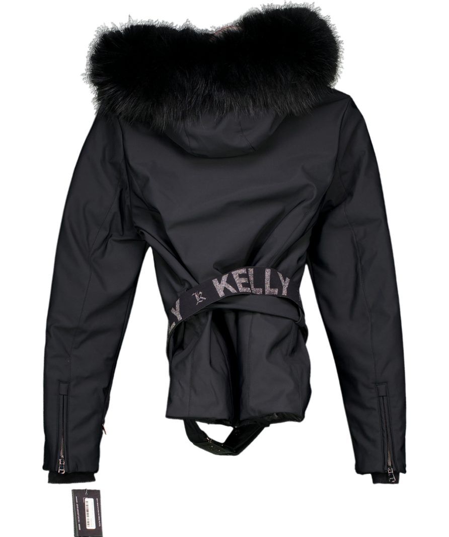 KELLY Black  Belted Ski Jacket With Fur Hood And Replacement Belt UK S/M