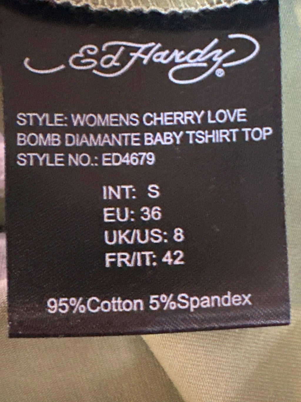 Ed Hardy Celadon Tint Womens Cherry Love Bomb Diamante Baby T-Shirt Top S