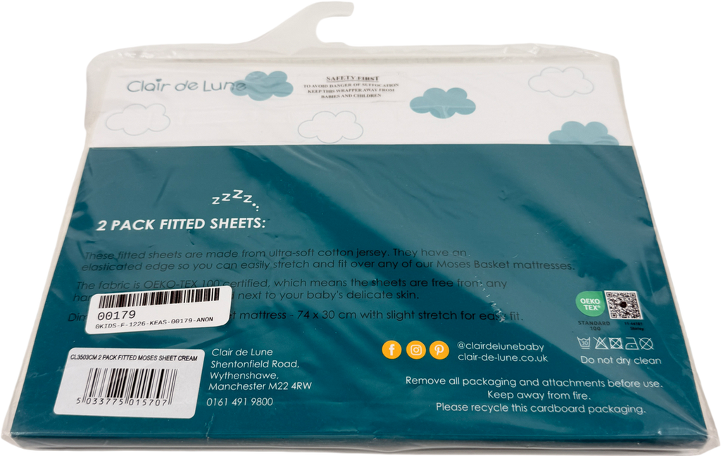 Clair de Lune Cream 2 Pack Universal Cotton Moses Basket Sheets - 74 X 30 Cm