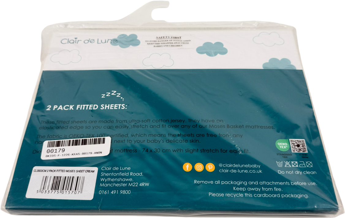 Clair de Lune Cream 2 Pack Universal Cotton Moses Basket Sheets - 74 X 30 Cm
