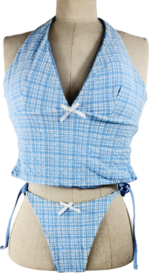 Zaful Blue Knitted Plaid Tankini Set UK M