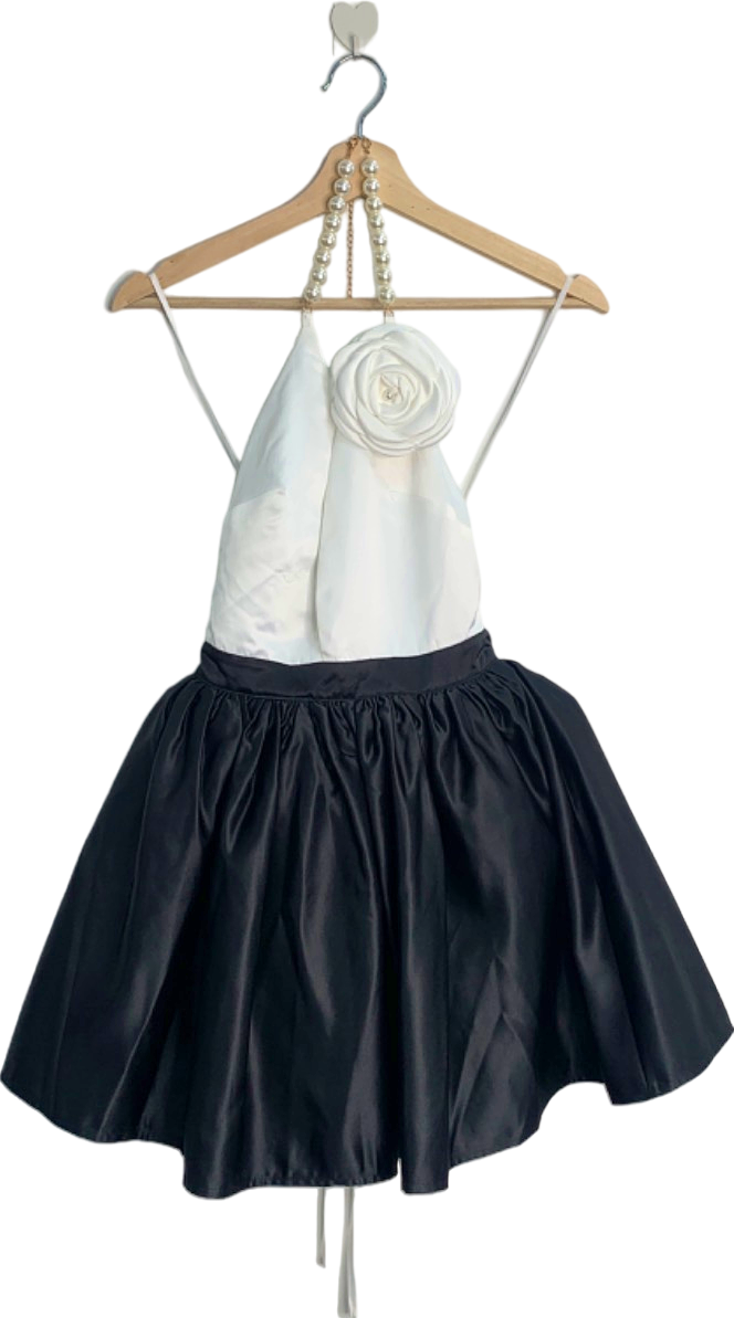 NovaLuxe Black & White Halter Dress with Pearl Strap and Rosette Accent UK 8