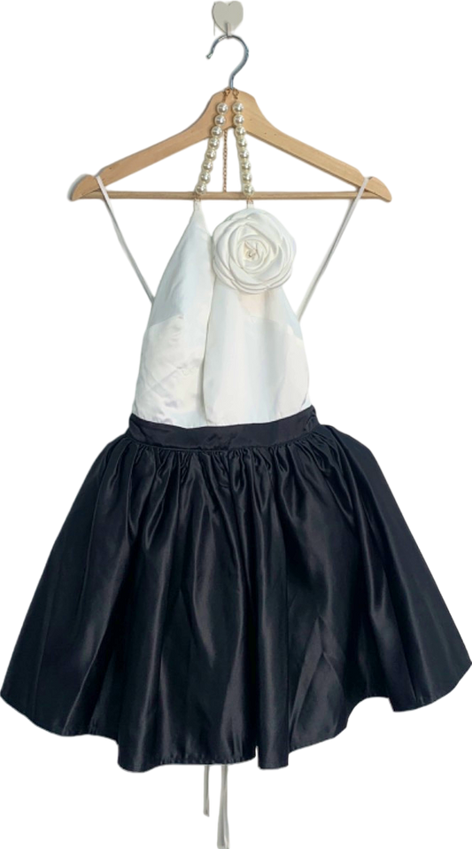 NovaLuxe Black & White Halter Dress with Pearl Strap and Rosette Accent UK 8
