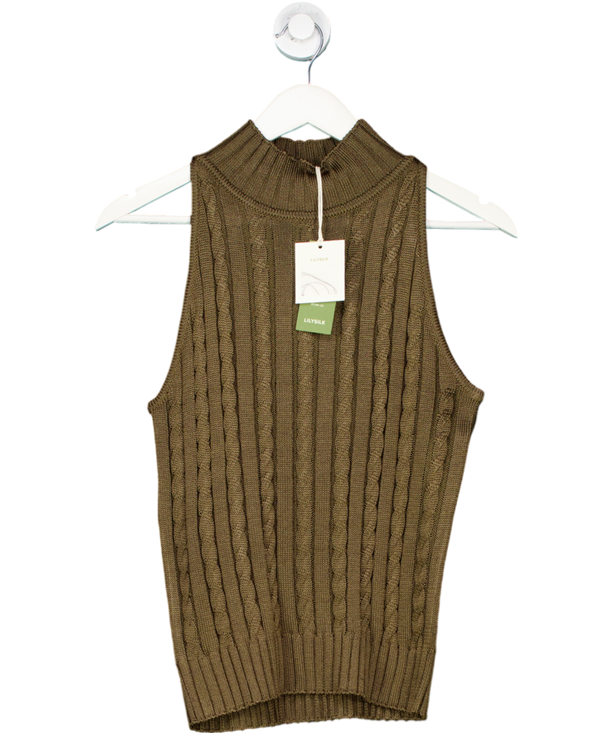 Lily Silk Green Classic High-neck Cable-knit Sleeveless Top UK M