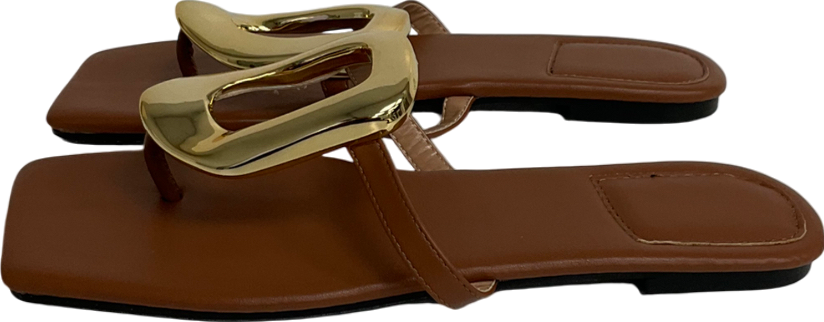 Brown Square Toe Flip Flops, Summer Outdoor Fashion Casual Flat Thong Sandals With Golden Plastic Buckle UK 6 EU 39 👠