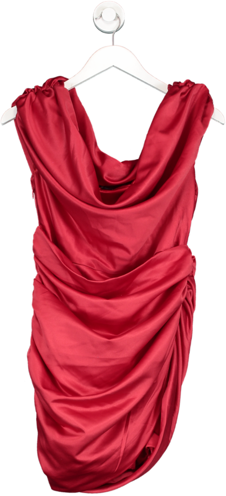 PrettyLittleThing Red Constructed Satin Ruched Bardot Dress UK 14