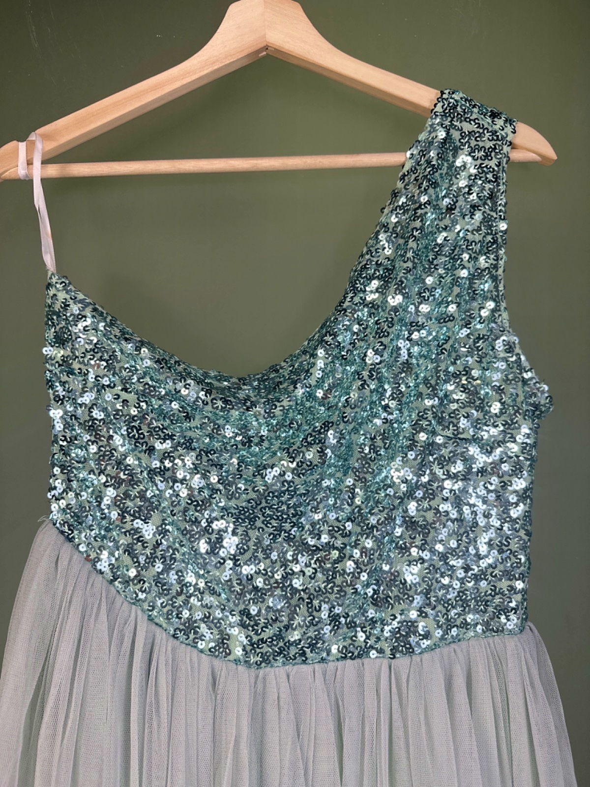 Mint Green Sequin One-Shoulder Gown UK L