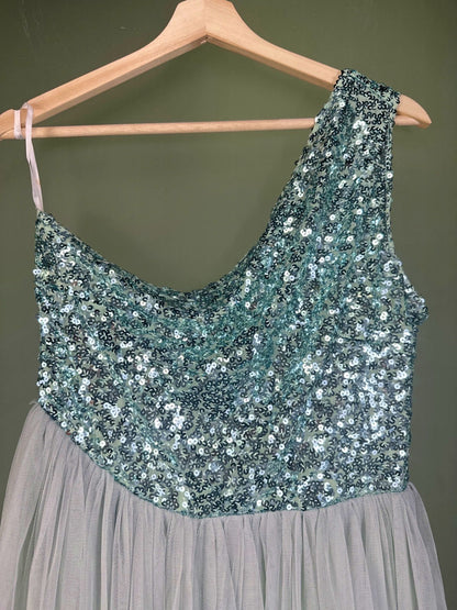 Mint Green Sequin One-Shoulder Gown UK L