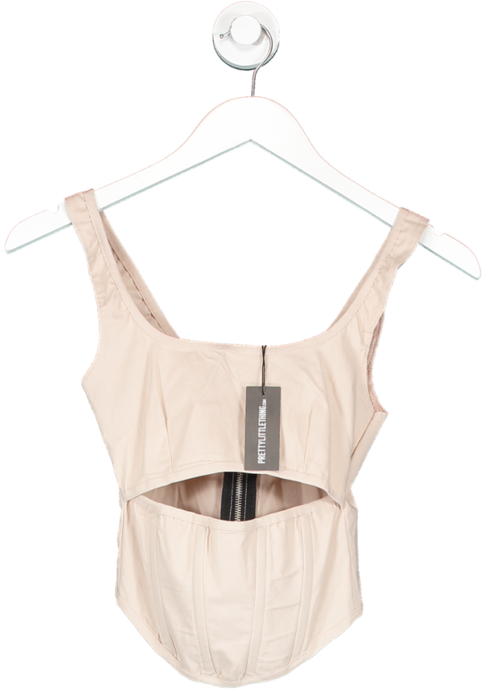 PrettyLittleThing Beige Stone Stretch Woven Cut Out Corset Top UK 6