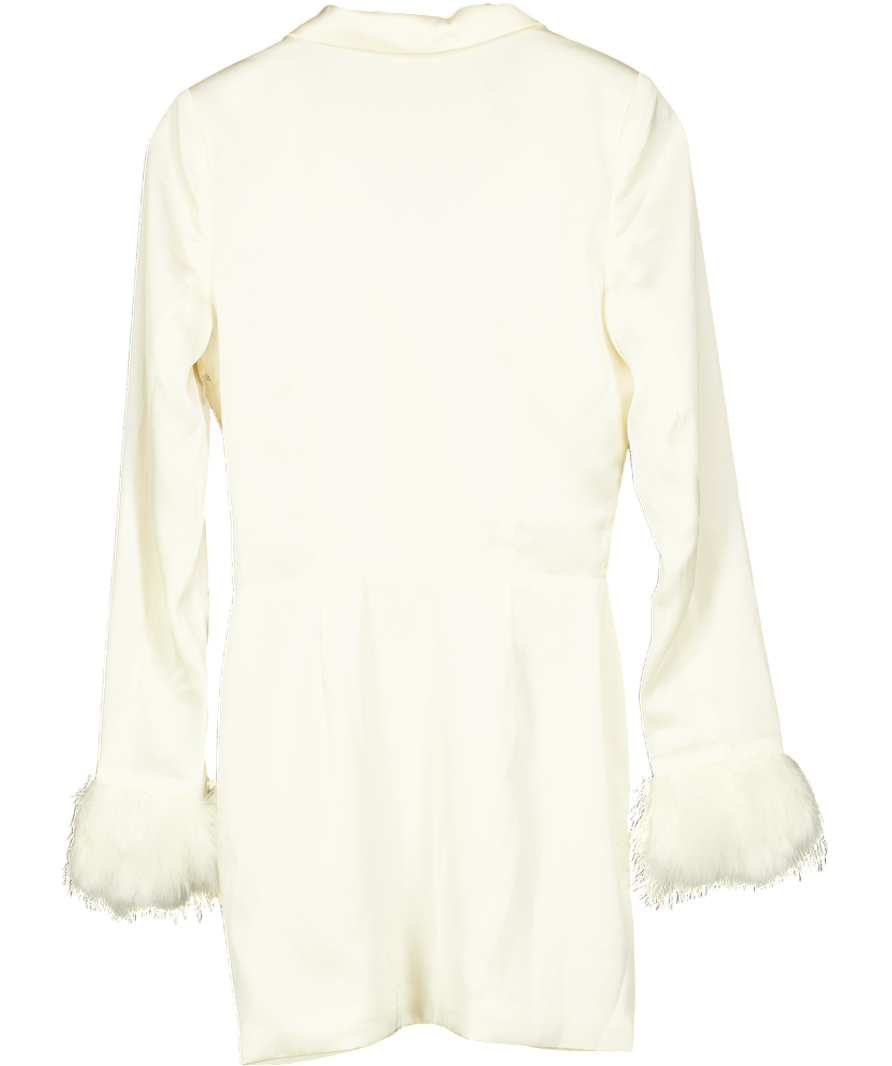 Memoir Cream Satin Mini Dress With Feather Trimmed Sleeves UK XS