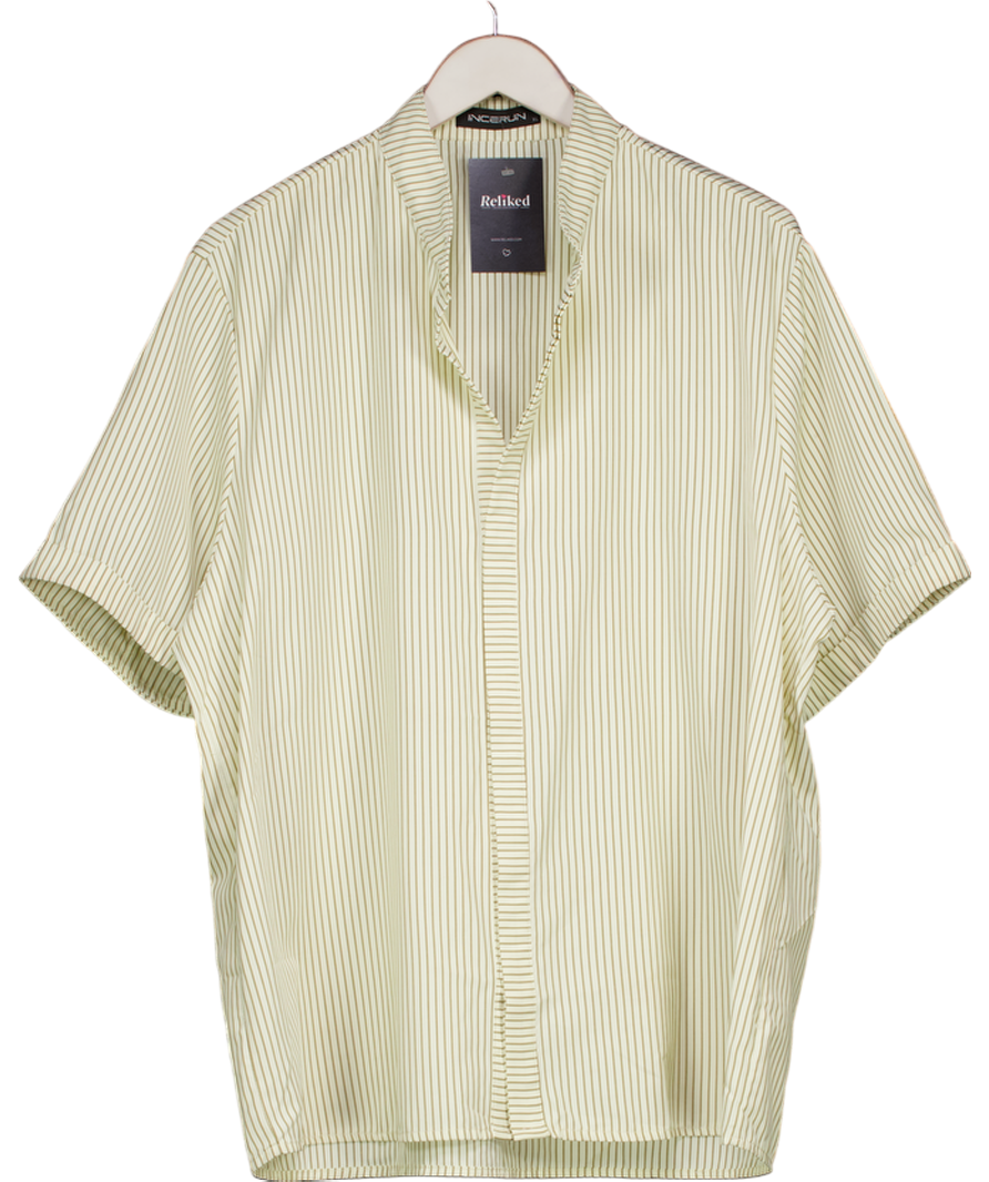 Incerun Cream Short Sleeve Collarless Striped Shirt UK XL