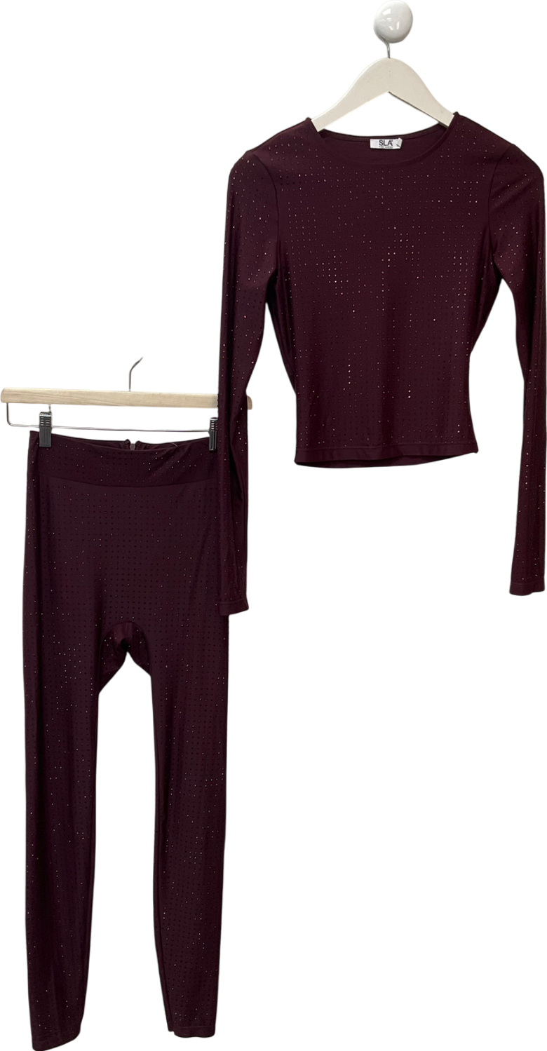 SLA the label Burgundy Nola Diamanté Leggings & Saffi Diamante Top UK XS